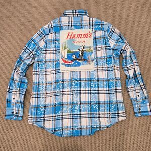 Angry Minnow Mens L Flannel Hamm's Beer Blue Plaid Button-Up Casual Shirt Cabin